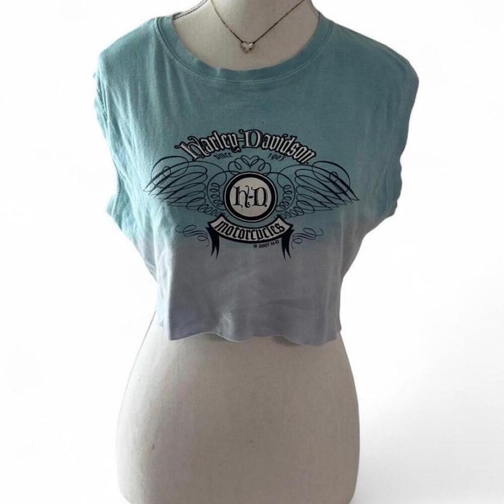 Harley Davidson Blue Tye Dye Cropped Biker Girl Motorcycle Top Size XL cotton